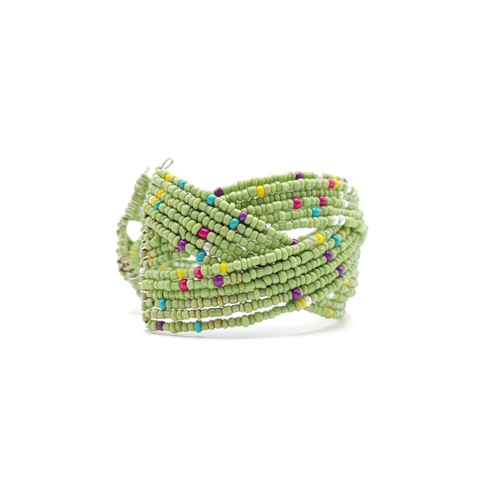 Green Seed Bead Coil Bracelet‎ Boho Multi Strand Cuff - Picture 3 of 5
